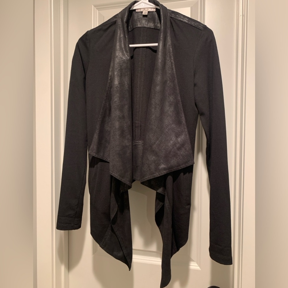 Cabi Long Sleeve Black Drape Faux Leather Jacket in a size XS.